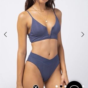 L*Space Pointelle Rib Siren Bikini | Slate Top & High-Waisted Bottoms | Size XL